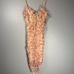 SBETRO‎ Floral Ruched Mesh Corset Lace Up Bodycon Mini Dress Women's Medium